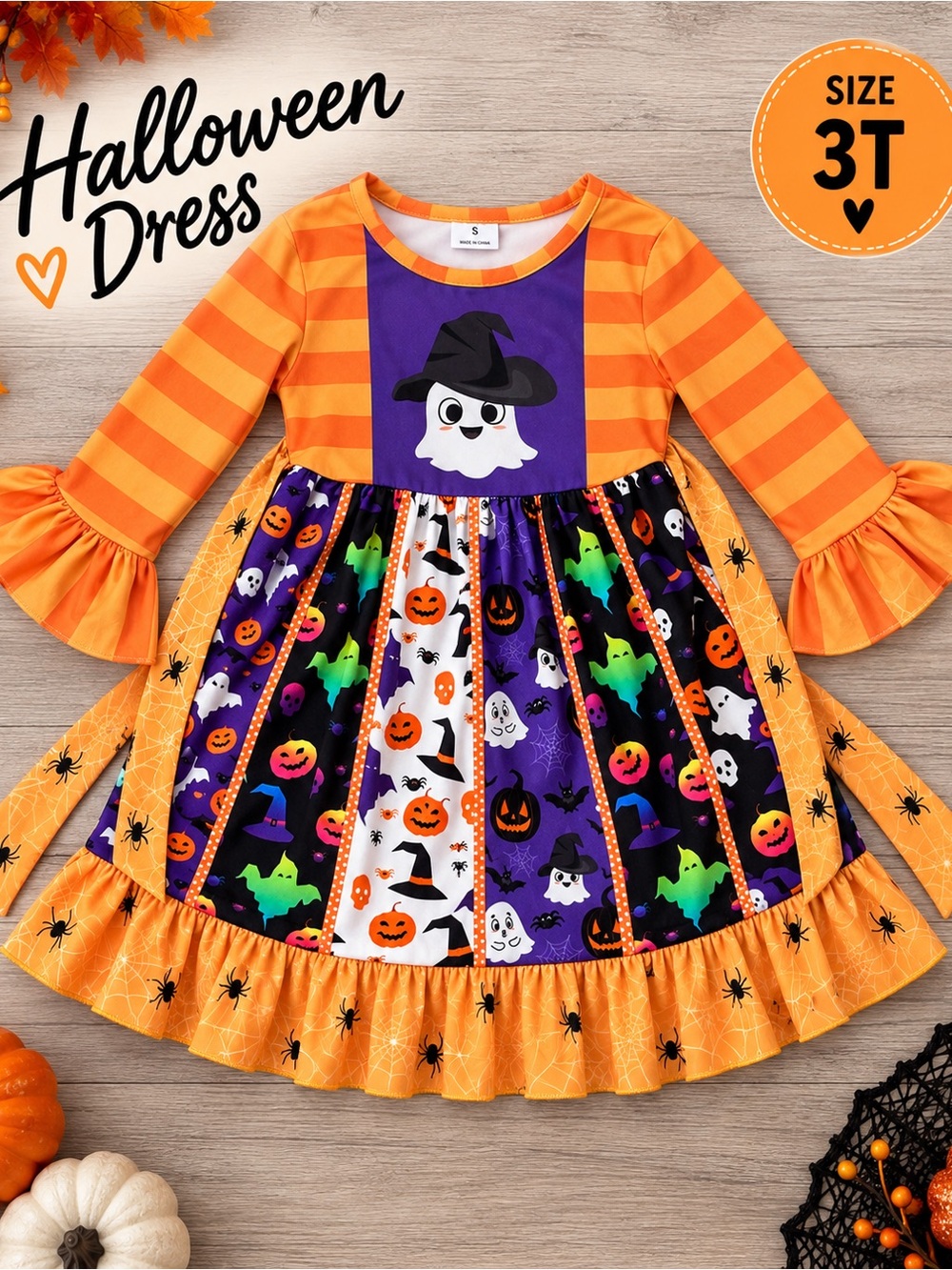 Boutique Halloween Dress Ruffle Ghost Pumpkin Witch Stripes Girls Size Small 6